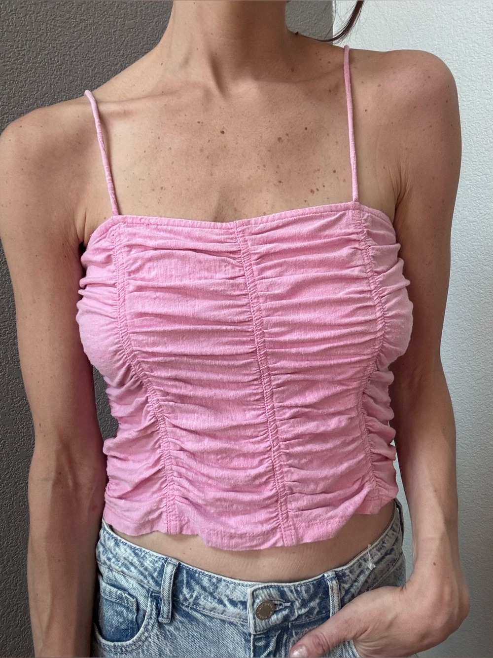 Free People Ruched Spaghetti Strap Cropped Tank Pink Women’s S Boho Festival